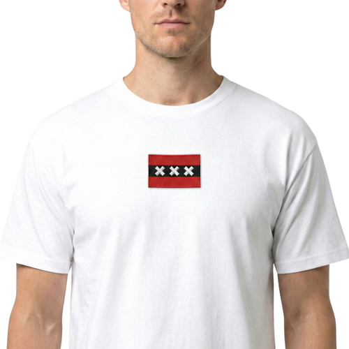Man wearing a white t-shirt with a red and black flag design on a white background